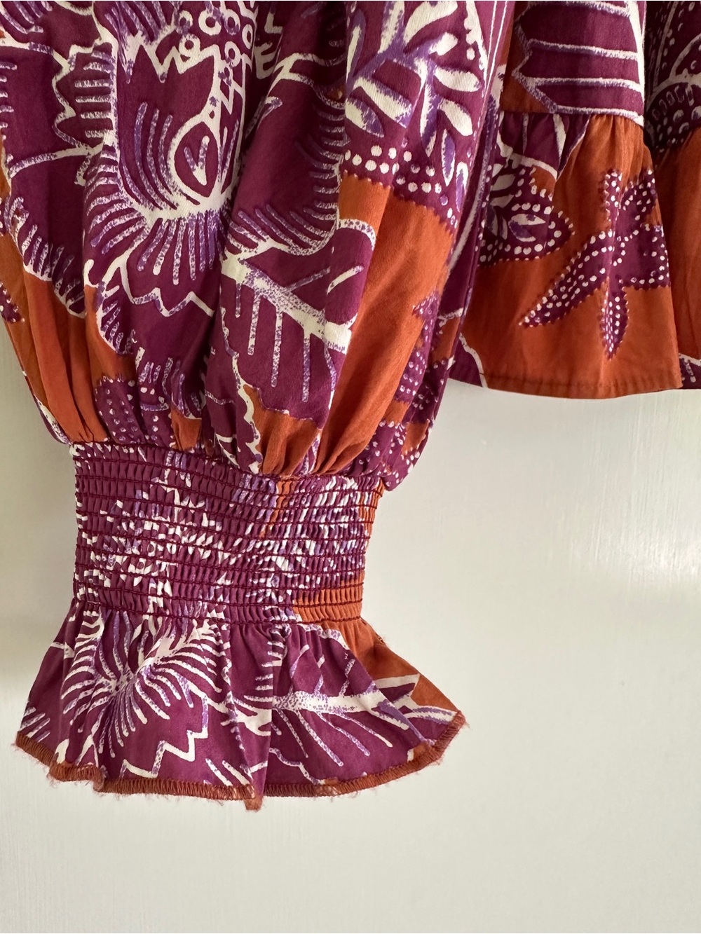 Love The Label Long sleeve, smocked, ruffle shirt. Orange/purple/maroon. Sz Sm - Picture 6 of 7